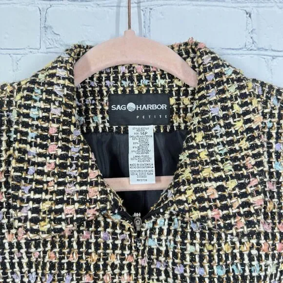 Sag Harbor Tweed Blazer Women Size 14 Petite Windowpane Front Slip Pockets Lined - Picture 3 of 9